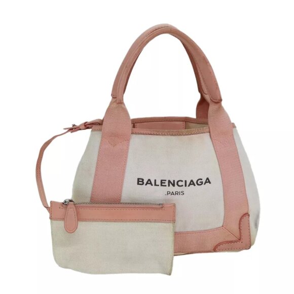 BALENCIAGA Navy Cabas XS Hand Bag Canvas Pink Auth - Picture 1 of 6